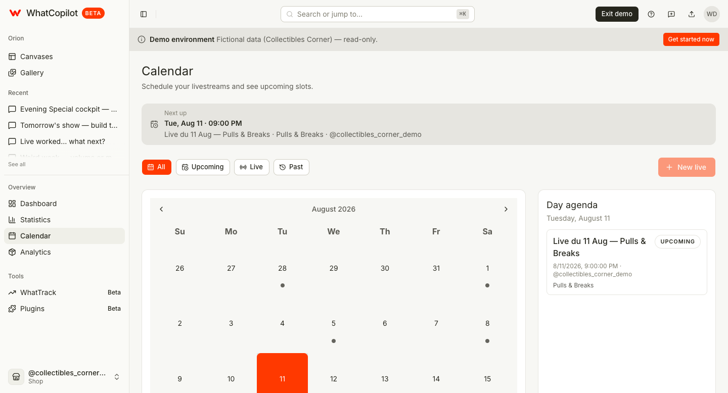 WhatCopilot calendar with upcoming livestreams WhatCopilot calendar with upcoming livestreams