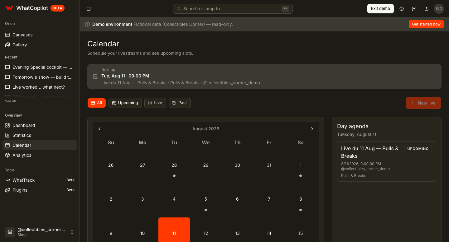 WhatCopilot calendar with upcoming livestreams WhatCopilot calendar with upcoming livestreams
